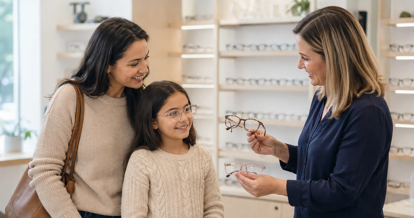 Patient previewing frame styles before a glasses visit at Riverton Family Eye Care